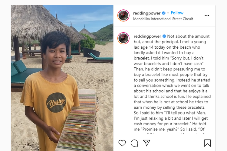 Tangkapan layar unggahan Instagram Scott Redding, yang membagikan kisah pertemuannya dengan bocah ramah penjual gelang bernama Man (14) di Pantai Mandalika.