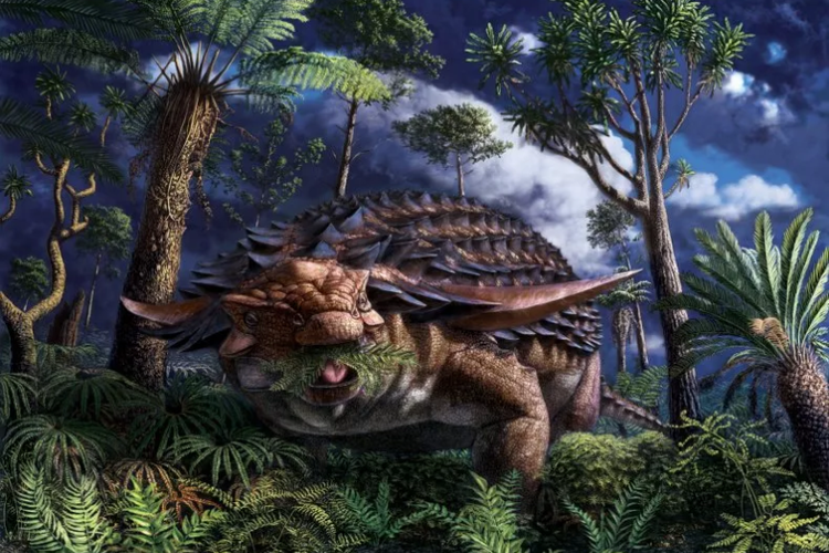 Ilustrasi Borealopelta markmitchelli, dinosaurus herbivora yang sedang memakan tumbuhan pakis.