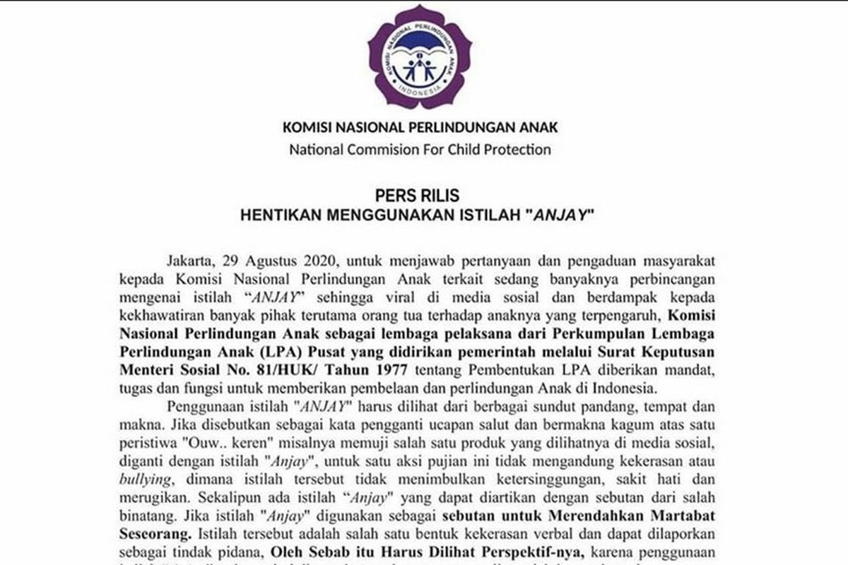 Surat edaran Komnas Perlindungan PA soal penggunaan istilah anjay