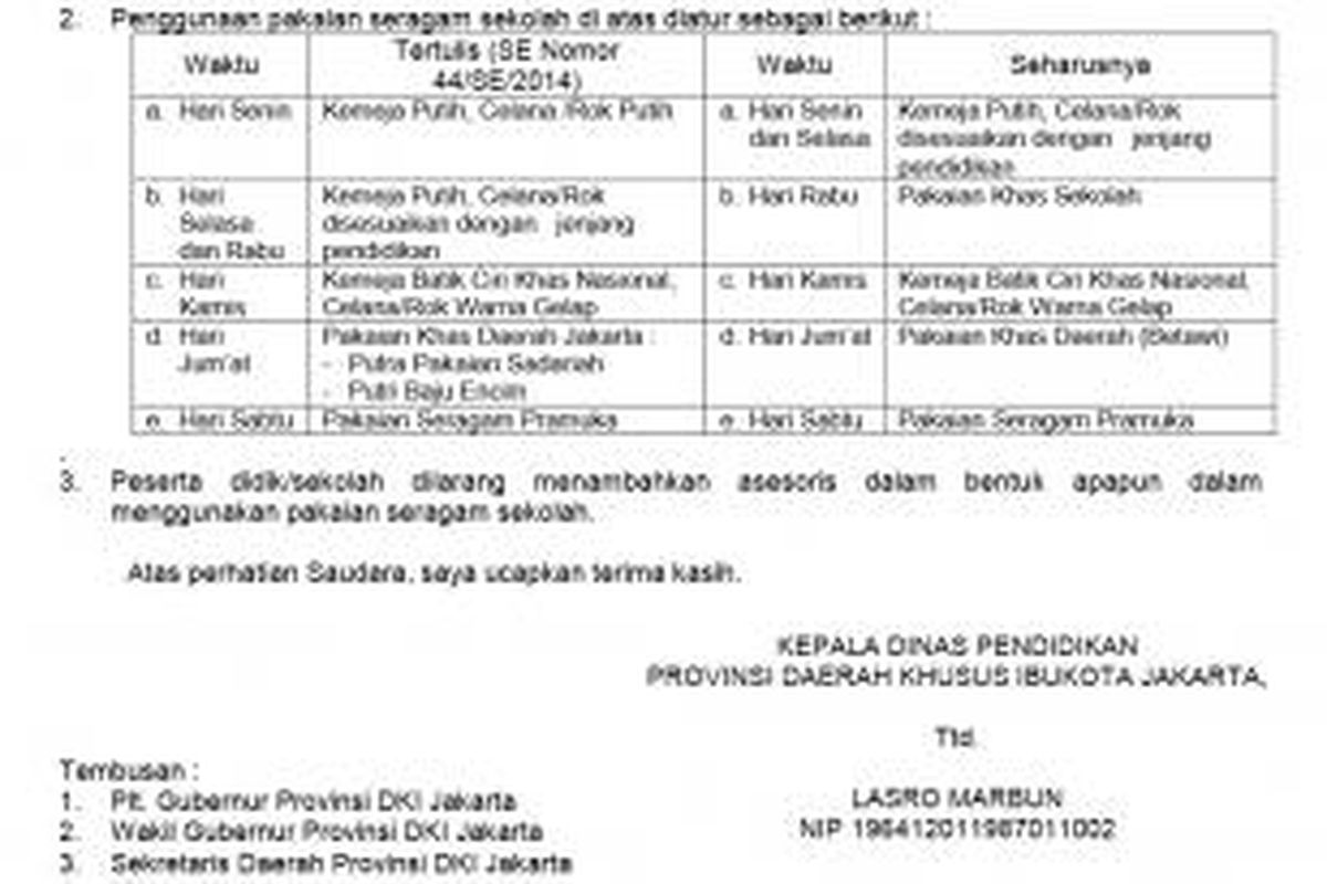 Kopian surat edaran Pemprov DKI Jakarta nomor 48/SE/2014 tentang pakaian seragam sekolah.