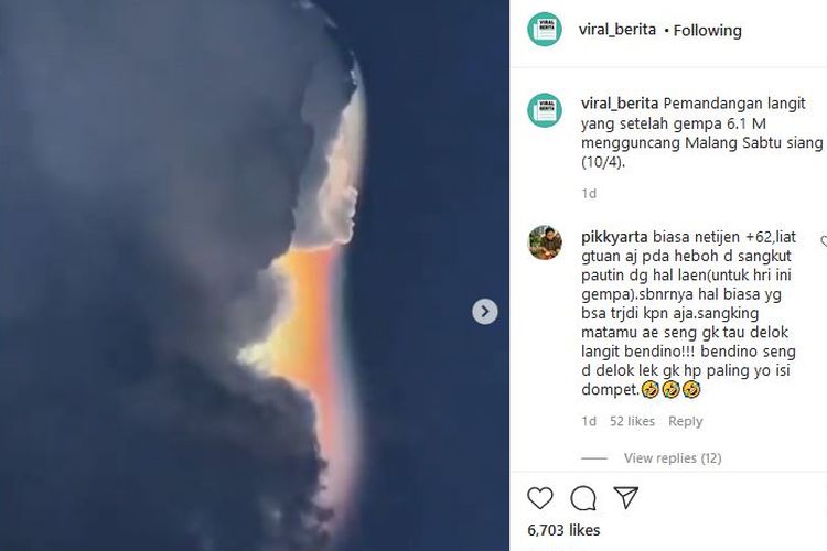 Tangkapan layar video fenomena awan pelangi pasca gempaM 6,1 di Malang (10/4/2021)