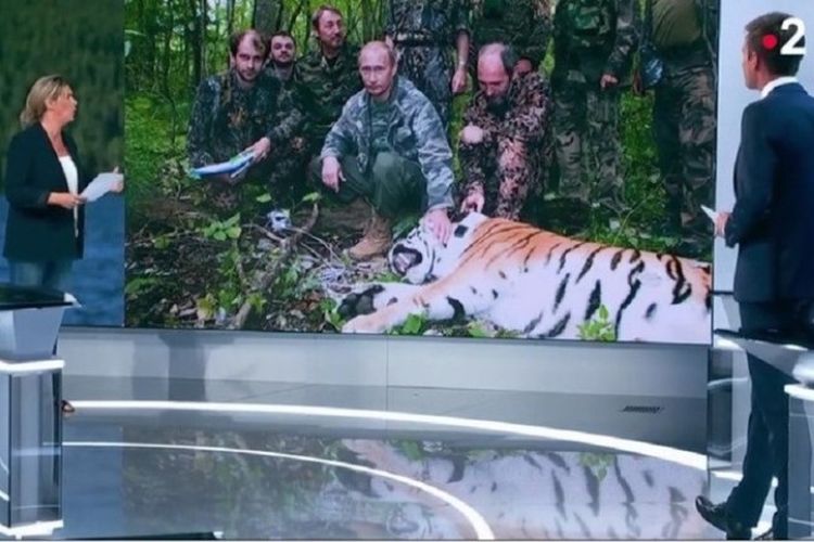 Tayangan berita di media penyiaran France 2 yang menampilkan foto Presiden Rusia Vladimir Putin sedang memegang seekor harimau yang terkapar.