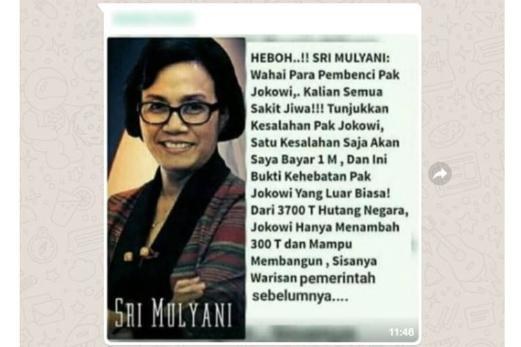 Teks yang beredar melalui pesan Whatsapp terkait pernyataan Sri Mulyani.