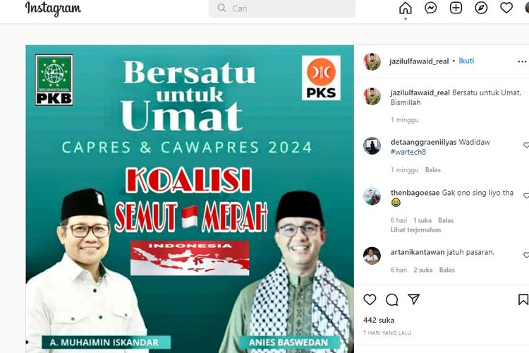 Tangkapan layar unggahan Wakil Ketua Partai Kebangkitan Bangsa PKB, Jazilul Fawaid yang menampilkan dua tokoh, yaitu Ketua Umum PKB Muhaimin Iskandar dan Gubernur DKI Jakarta Anies Baswedan.