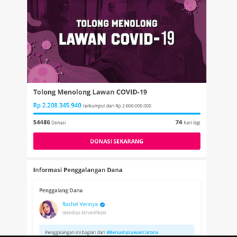Tangkapan layar laman Kitabisa.com menunjukkan program donasi yang digalang Rachel Vennya berhasil terkumpul lebih dari Rp 2 miliar pada Rabu (18/3/2020) pagi.