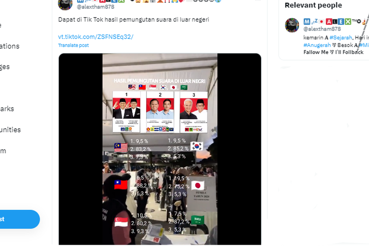 Tangkapan layar unggahan yang diklaim hasil hitung suara Pilpres 2024 di luar negeri