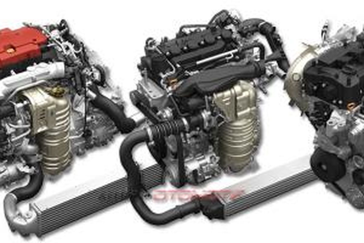 Tiga mesin bensin injeksi langsung-turbo Honda. Dari kiri: 2,0 dan 1,5 liter (4 silinder) dan 1,0 liter 3-silinder