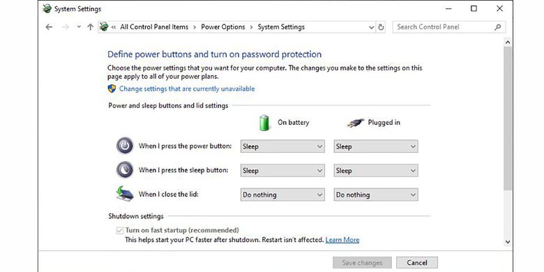 Opsi pengaturan fungsi tombol daya di Windows 10