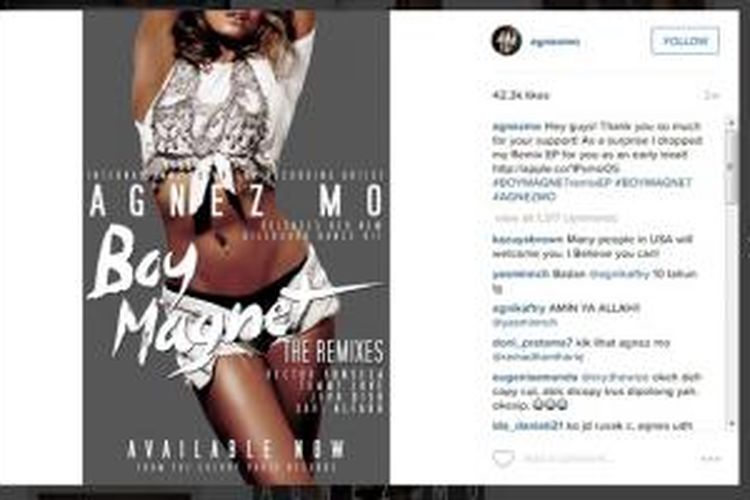 Poster single 'Boy Magnet' yang diunggah Agnez Mo dalam akun Instagram miliknya, 14 November 2015.
