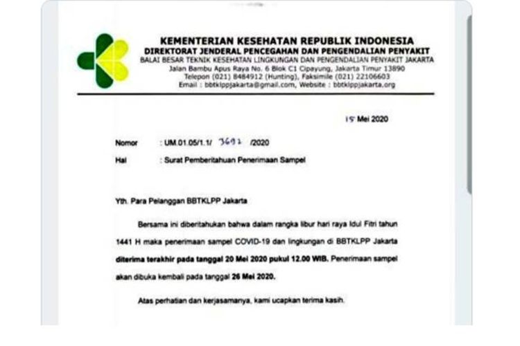 Tangkapan layar unggahan soal berhentinya sementara penerimaan sampel Covid-19 di Balai Besar Teknik Kesehatan Lingkungan dan Pengendalian Penyakit (BBTKLPP) Jakarta.