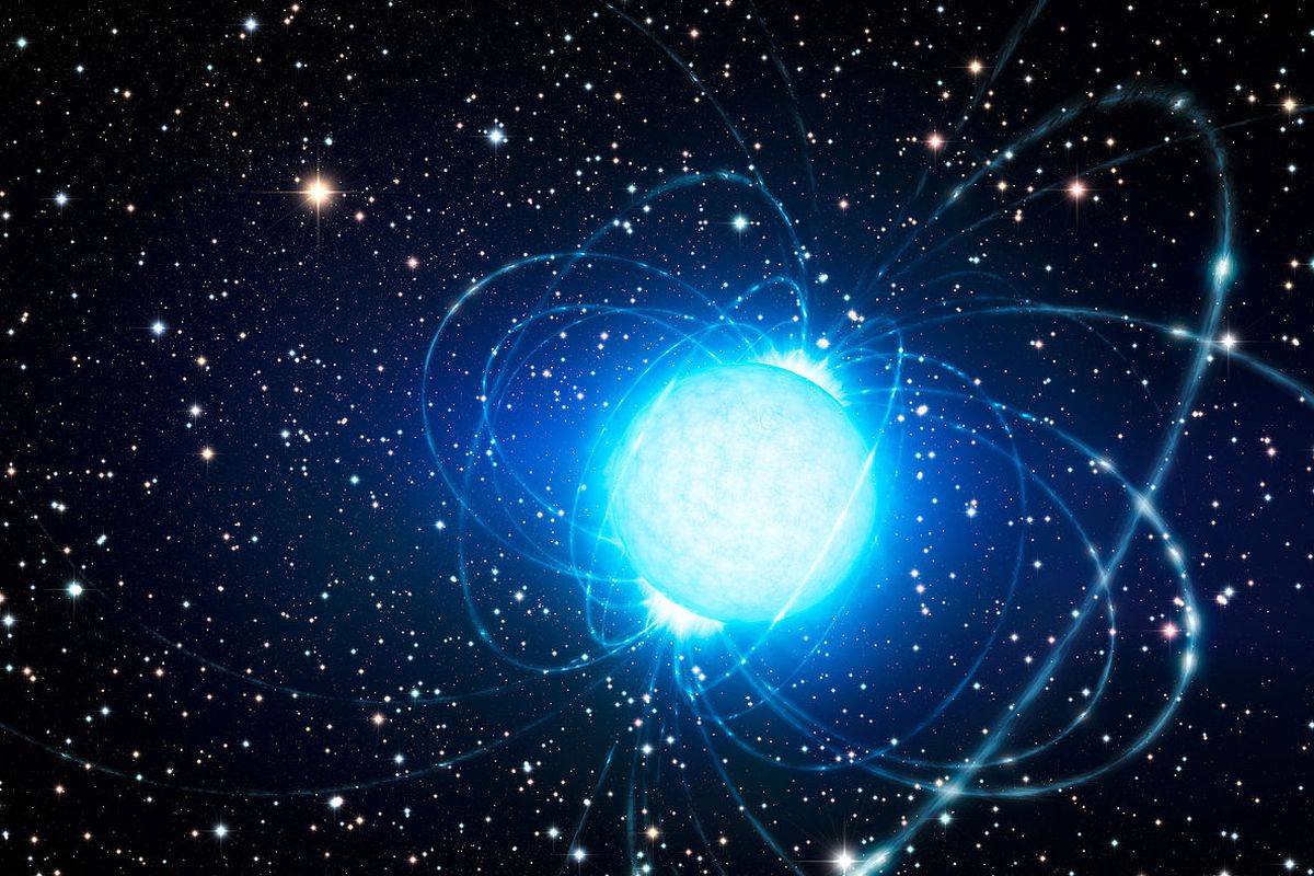 Ilustrasi bintang neutron paling misterius dan langka yang memancarkan gelombang radio aneh. Bintang terbentuk di alam semesta.