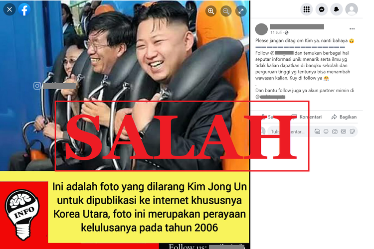 Tangkapan layar dengan narasi keliru di sebuah akun Facebook, Minggu (11/7/2022), soal foto kelulusan Kim Jong Un pada 2006 yang dilarang beredar.