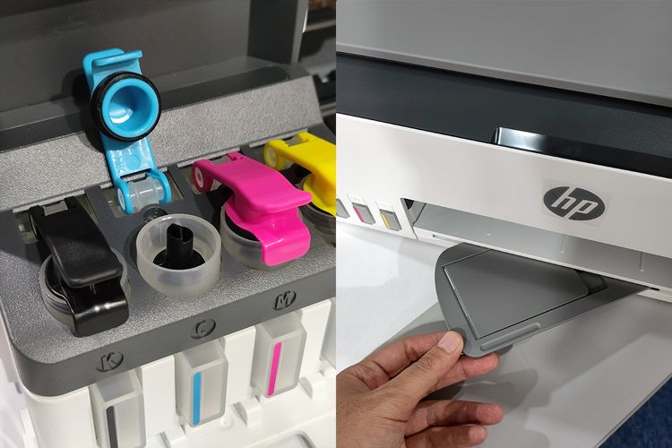 Tangki tinta memiliki rancangan khusus untuk mencegah tinta tumpah ketika diisi (foto kiri). Bagian tray untuk menampung kertas hasil cetakan berbentuk serupa lidah kecil yang ditarik dari bagian bawah