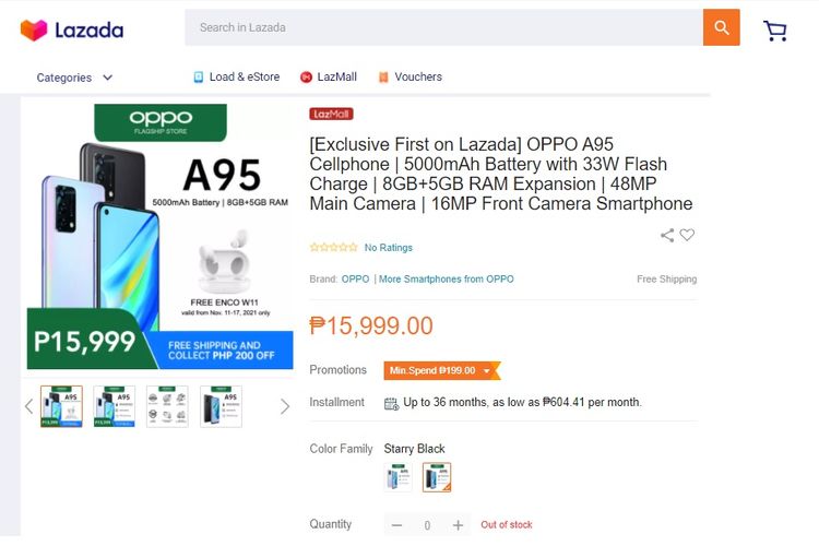 Oppo A95 mejeng di situs e-commerce Lazada