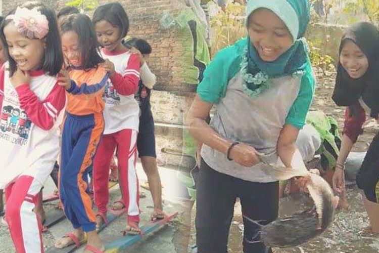 Sejumlah permainan yang diadakan di Kampung Lali Gadget, Sidoarjo, Minggu (21/7/2019) 
