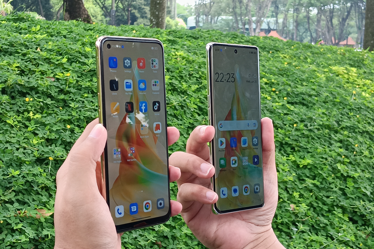 Layar Oppo Reno8 T 4G (kiri) dan Oppo Reno8 T 5G (kanan) ketika dijajal KompasTekno di acara Oppo Reno8 T Series Media Experience yang digelar di Taman Mini Indonesia Indah, Jakarta Timur, Kamis (26/1/2023).