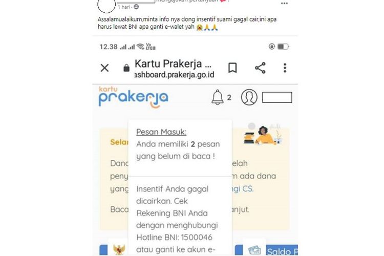 Tangkapan layar unggahan soal insentif Prakerja yang gagal cair. Peserta Kartu Prakerja wajib mengetahui ketentuan atau syarat pencairan insentif Kartu Pra Kerja agar tidak gagal cair atau hangus.