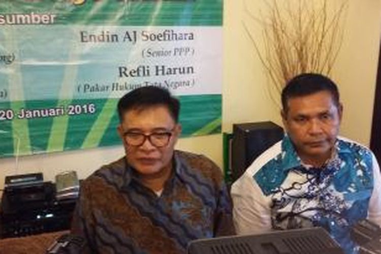 Politisi PPP Emron Pangkapi dan Epyardi Asda seusai mengikuti diskusi kaukus penyelamat PPP di Senayan, Jakarta, Rabu (20/1/2016).