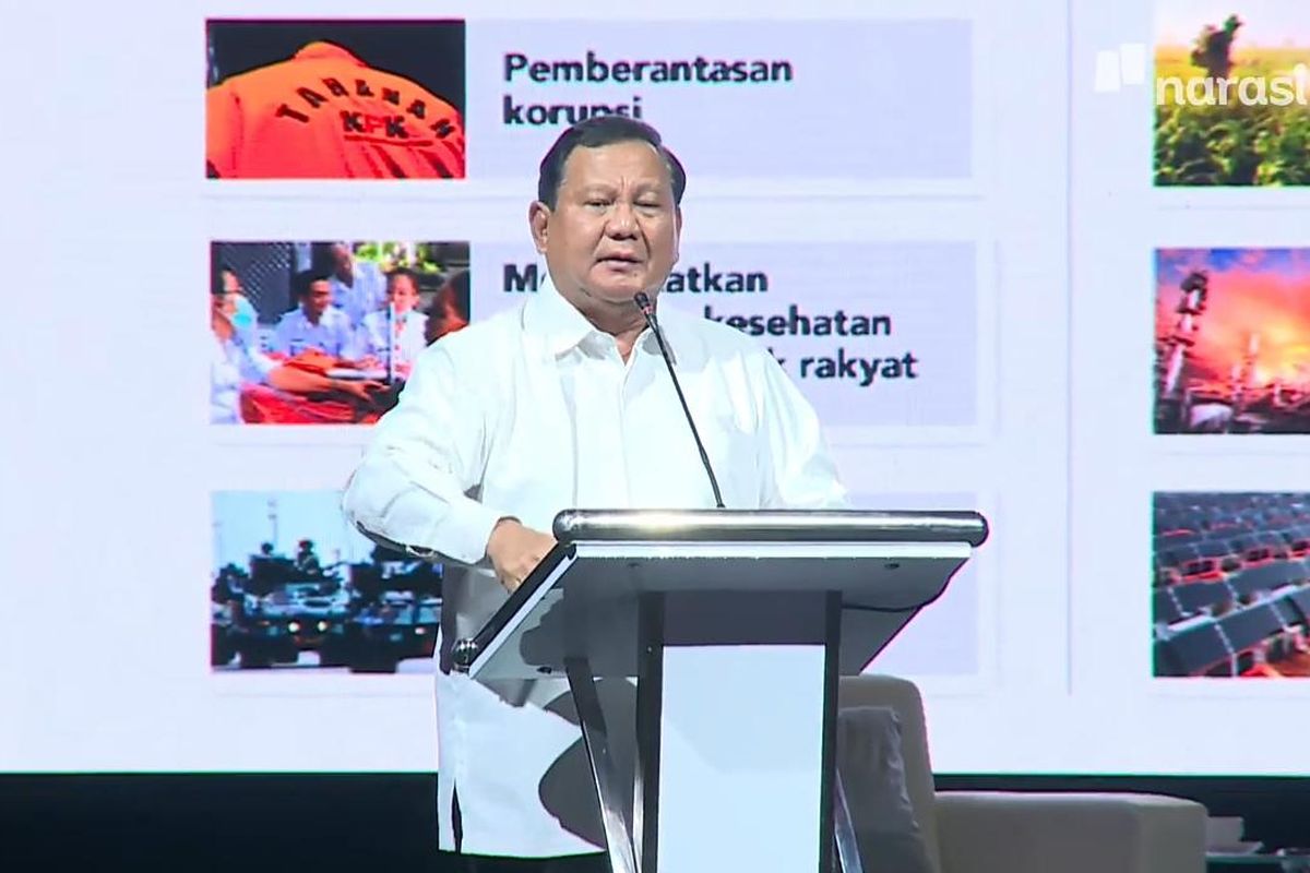 Bacapres Prabowo Subianto dalam acara 3 Bacapres Bicara Gagasan Grhra Sabha Pramana UGM, Selasa (19/9/2023).