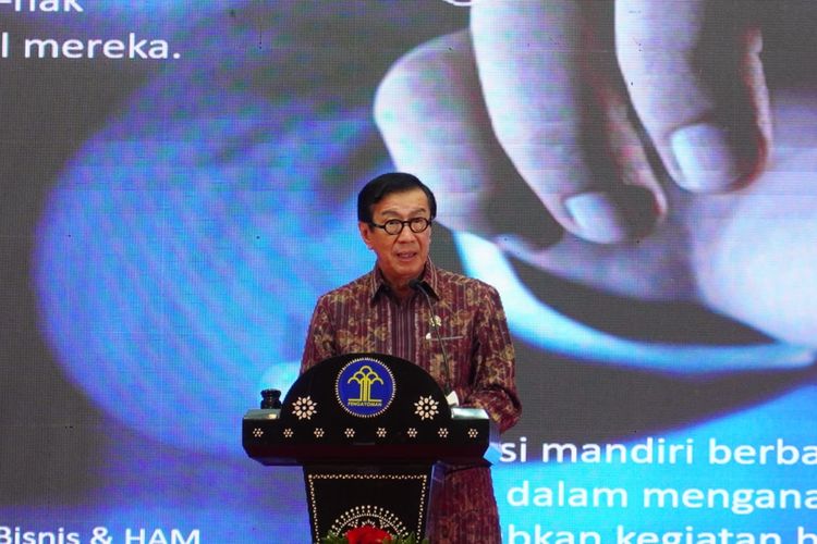 Menteri Hukum dan Hak Asasi Manusia (Menkumham) Yasonna Laoly dalam Workshop bertajuk “Pengarusutamaan Hak Asasi Manusia dalam Adaptasi Perubahan Iklim dan Manajemen Bencana” yang digelar di Hotel Borobudur, Selasa (20/6/2023).