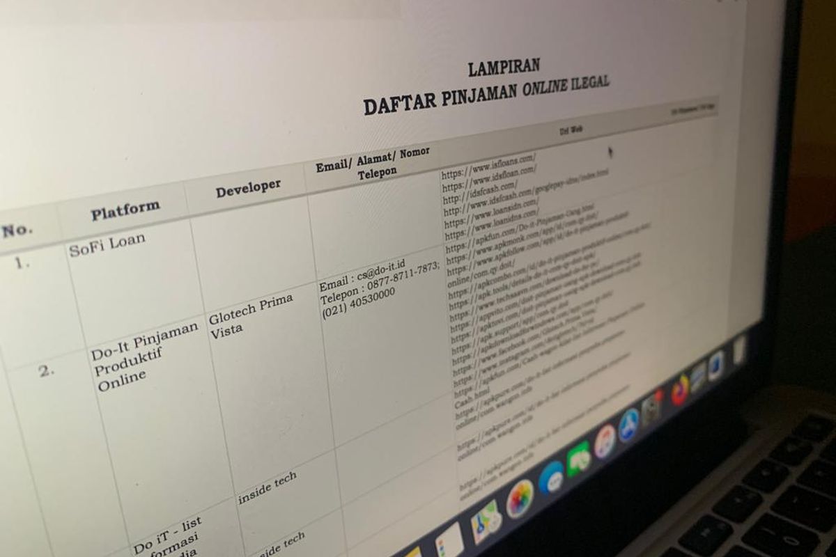 Tampilan daftar 105 pinjaman online ilegal yang dirilis Satgas Waspada Investasi OJK. Per Agustus 2022, ditemukan lagi 71 pinjol ilegal yang langsung diblokir SWI. 