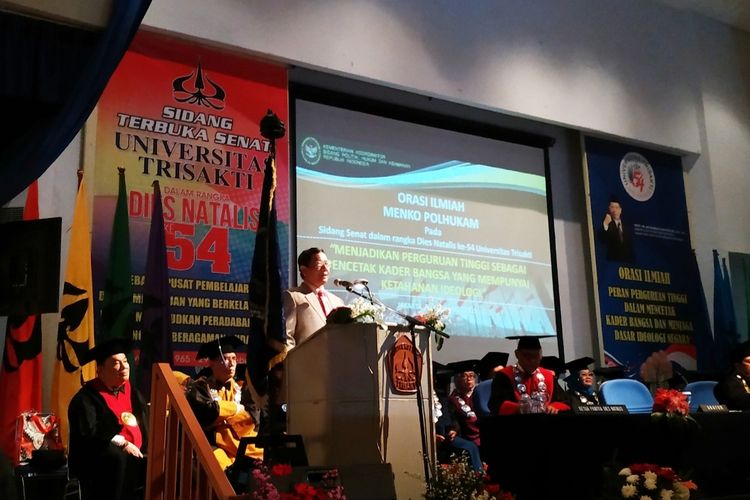 Menko-Polhukam Mahfud MD saat memberikan kuliah umum di Universitas Trisakti, Jakarta Barat, Jumat (29/11/2019).