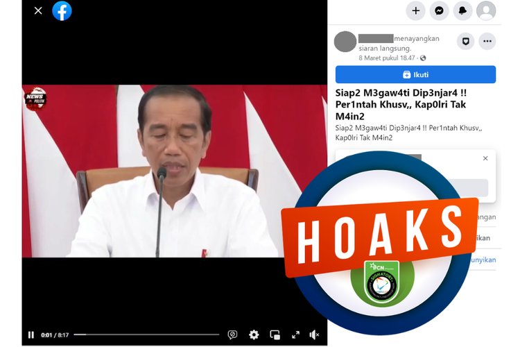 Tangkapan layar unggahan dengan narasi hoaks di sebuah akun Facebook, Rabu (8/3/2023), yang menyebut Kapolri Listyo Sigit diperintahkan memenjarakan Megawati. 