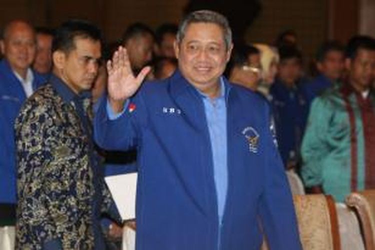 Ketua Umum Partai Demokrat Susilo Bambang Yudhoyono pada Rapimnas Partai Demokrat di Jakarta. Minggu (18/5/2014). Rapimnas ini mengagendakan pengambilan keputusan beberapa pilihan terkait pilpres mendatang yakni berkoalisi dengan parpol lain membentuk poros baru atau mengambil sikap sebagai partai oposisi.