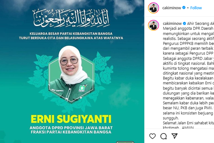 Tangkapan layar unggahan Muhaimin Iskandar seputar meninggalnya anggota DPRD Jawa Barat Erni Sugiyanti. Profil Erni Sugiyanti.