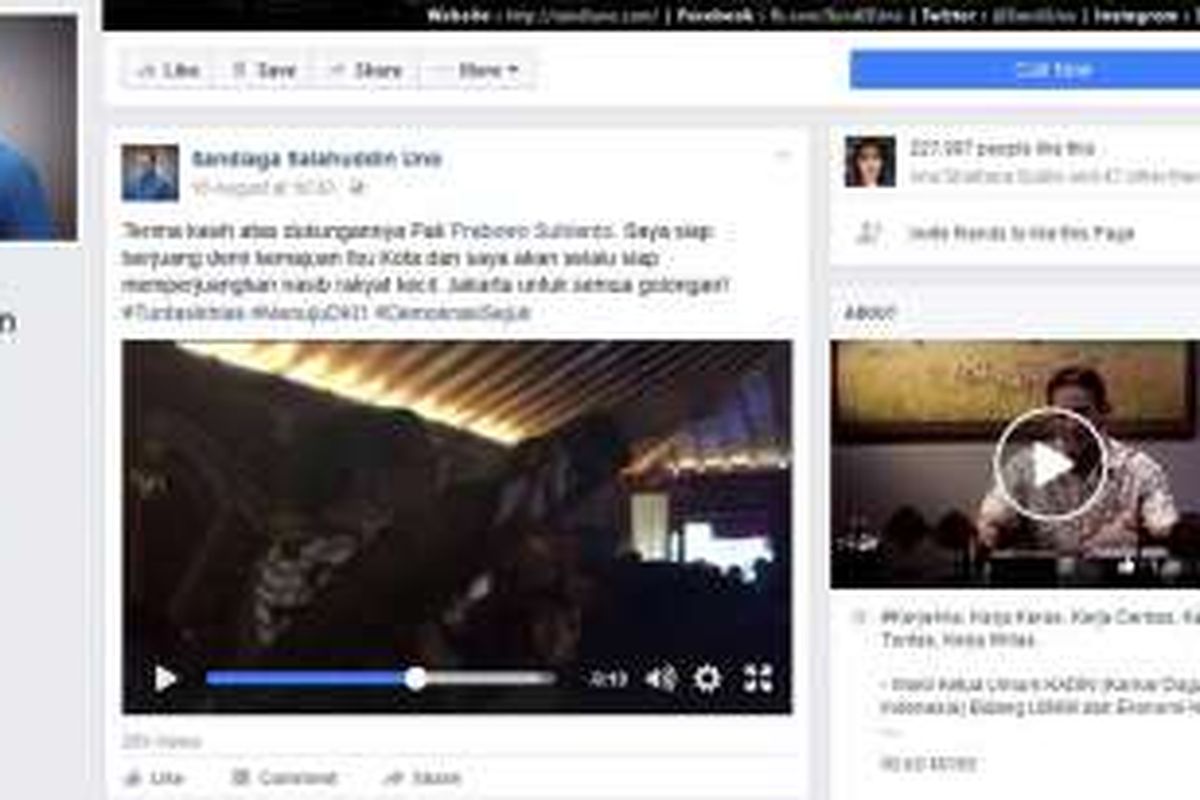 Video berisi pernyataan dukungan Ketua Umum Partai Gerindra Prabowi Subianto kepada Sandiaga Uno untuk maju Pilkada DKI Jakarta 2017. Video ini diunggah di Facebook Sandiaga. 