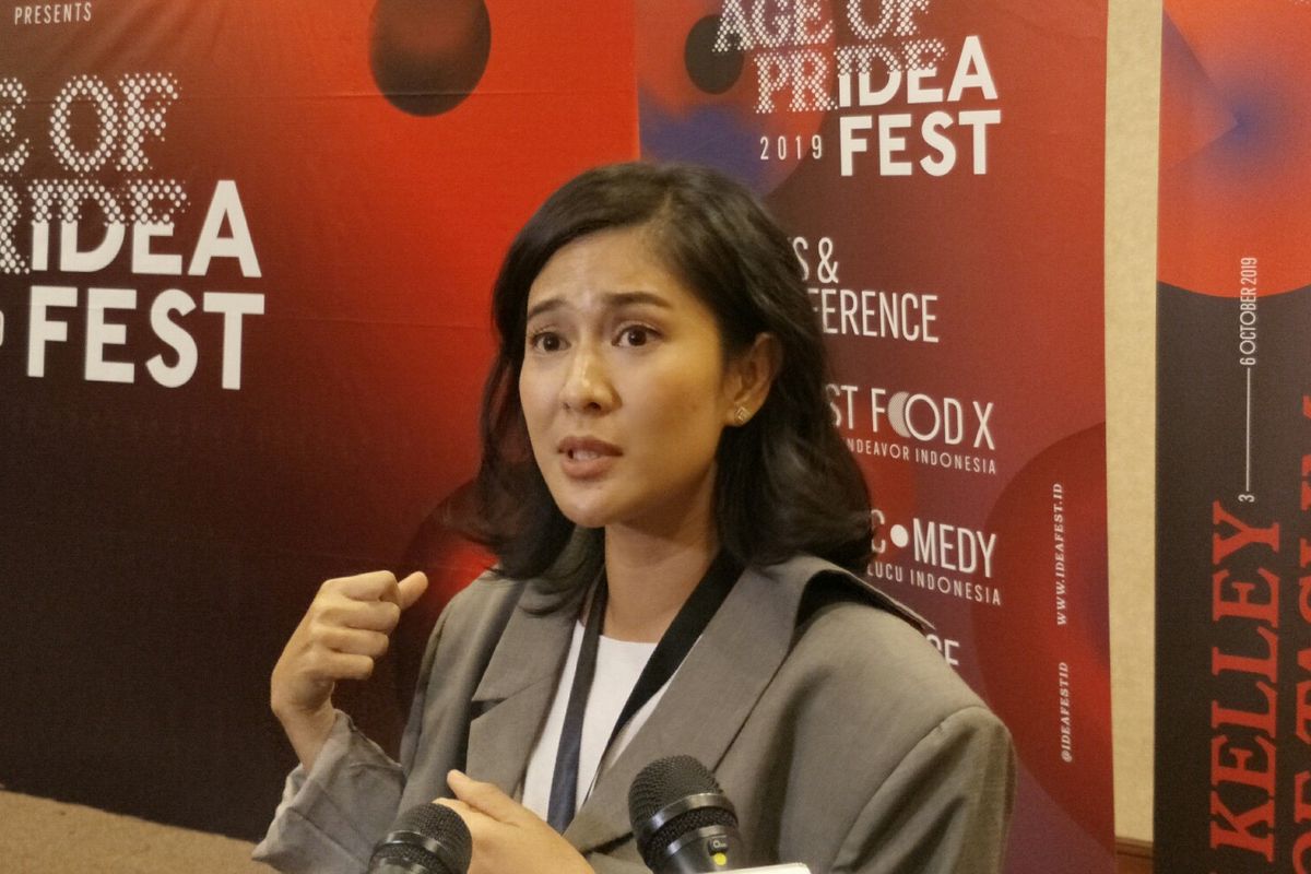 Artis peran Dian Sastrowardoyo di acara Ideafest 2019 yang digelar di JCC, Senayan, Jakarta Pusat, Sabtu (5/10/2019).