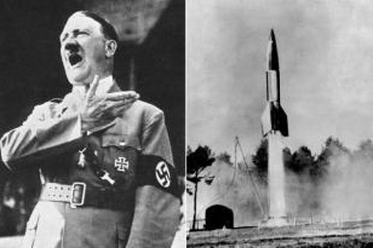 Diktator Jerman Adolf Hitler dan roket V2.