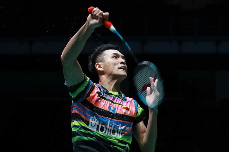 Jonatan Christie berlaga pada Malaysia Open 2019 di Axiata Arena, 4 April 2019. 