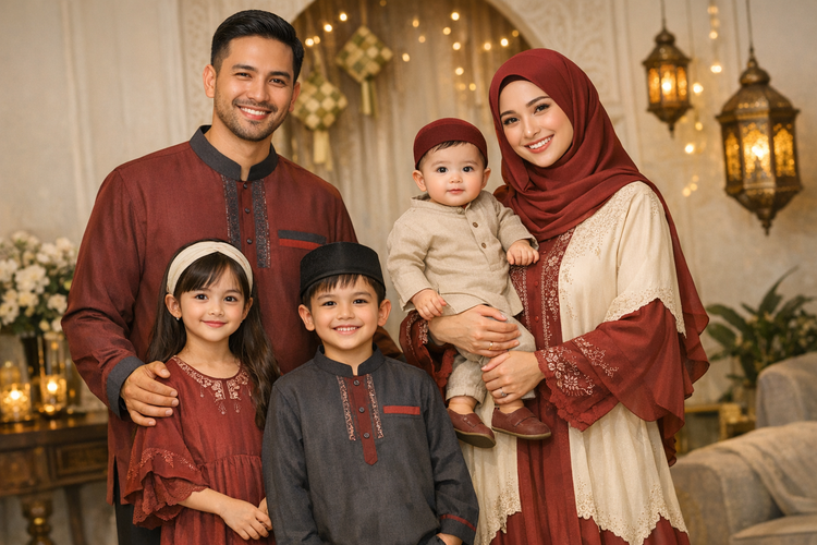 Tren Baju Lebaran 2026 Outfit Serasi Sekeluarga Jadi Pilihan, Warna Sage hingga Maroon Mendominasi.