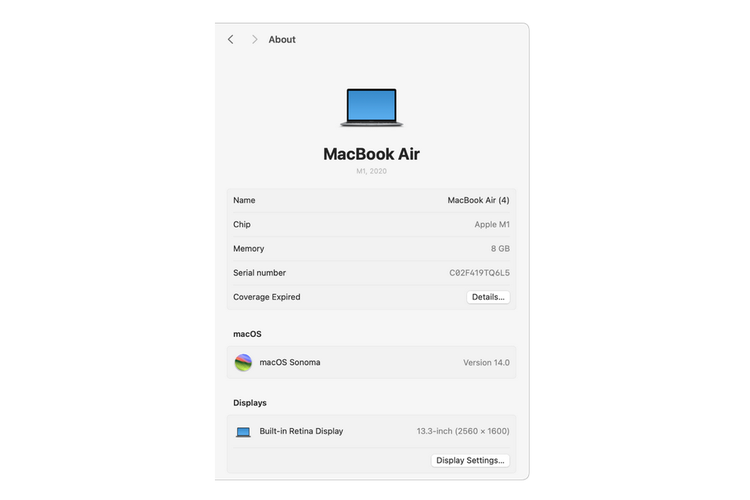 Ilustrasi cara melihat prosesor Macbook lewat menu pengaturan.