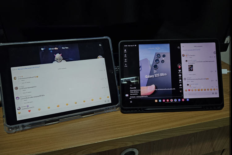 Perbandingan tampilan Tiktok versi baru (kiri) dan versi lama (kanan) di perangkat tablet
