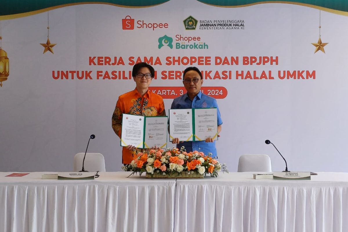 Shopee melalui Shopee Barokah dan Badan Penyelenggara Jaminan Produk Halal (BPJPH) secara resmi mengumumkan kerja sama untuk memfasilitasi pengajuan Sertifikasi Halal bagi para pelaku UMKM di Indonesia, Rabu (3/4/2024).