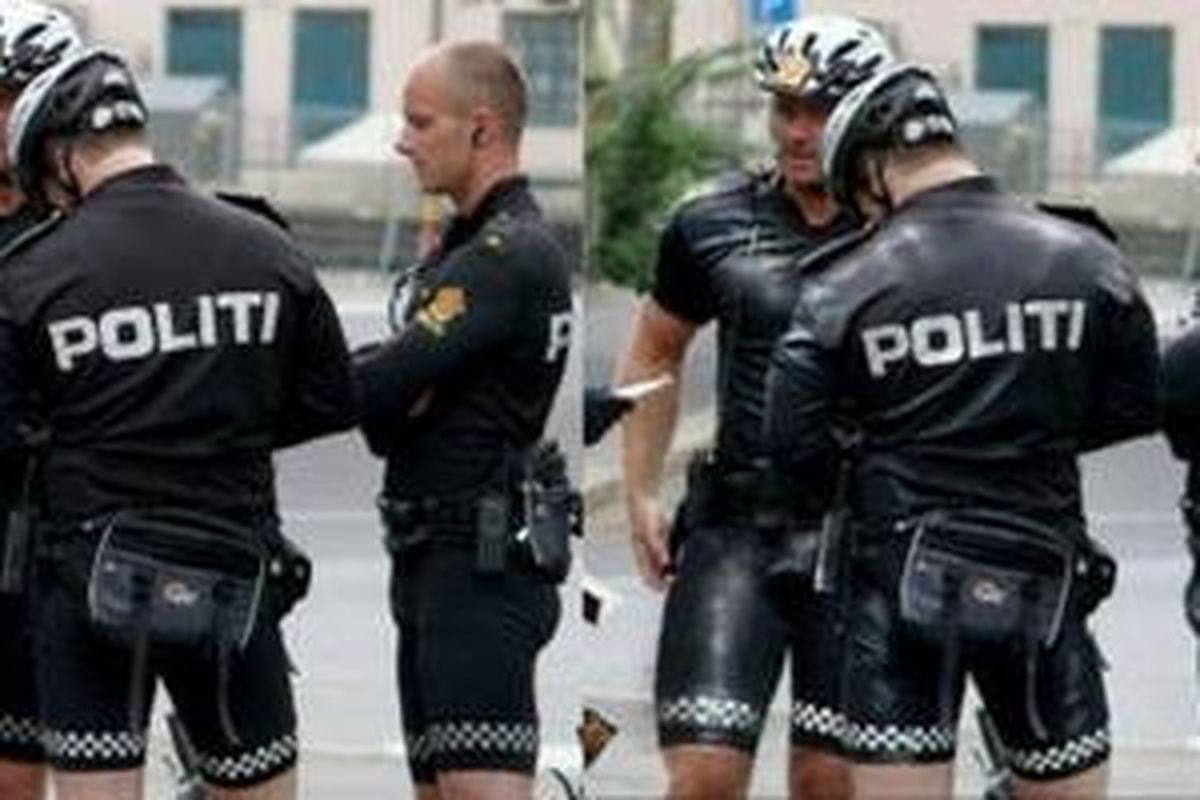 Foto tiga polisi lalu lintas mengenakan celana ketat khas pengendara sepeda mendadak populer di ranah maya, Facebook dan Twitter. 