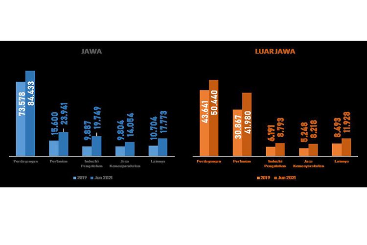 Pertumbuhan Pembiayaan Mikro BRI per Sektor Jawa dan Luar Jawa.