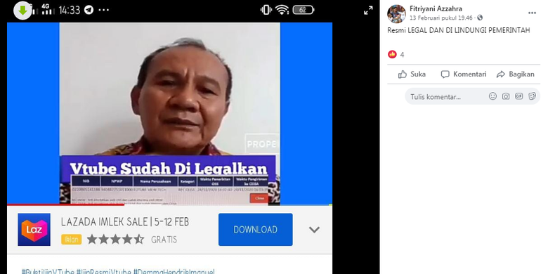 Hoaks Vtube disebut legal dan dilindungi pemerintah