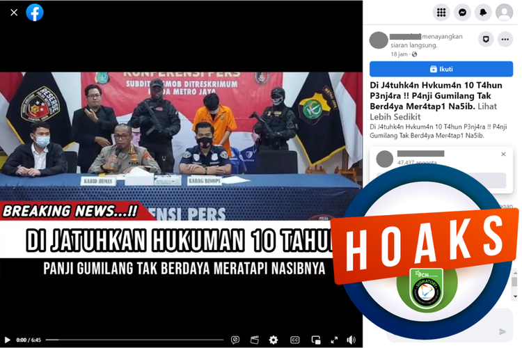 Tangkapan layar unggahan dengan narasi hoaks di sebuah akun Facebook, Rabu (5/7/2023), yang menyebut Panji Gumilang dijatuhi hukuman 10 tahun penjara.