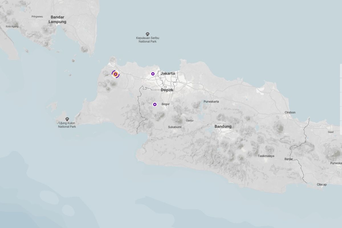 Tangkapan layar dari citra satelit Tanager-1 yang menunjukkan tiga titik pelepasan emisi metana di Pulau Jawa.