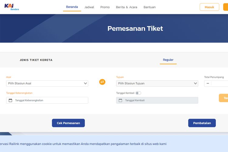 Laman web Railink untuk memesan tiket KA Bandara Soekarno-Hatta.