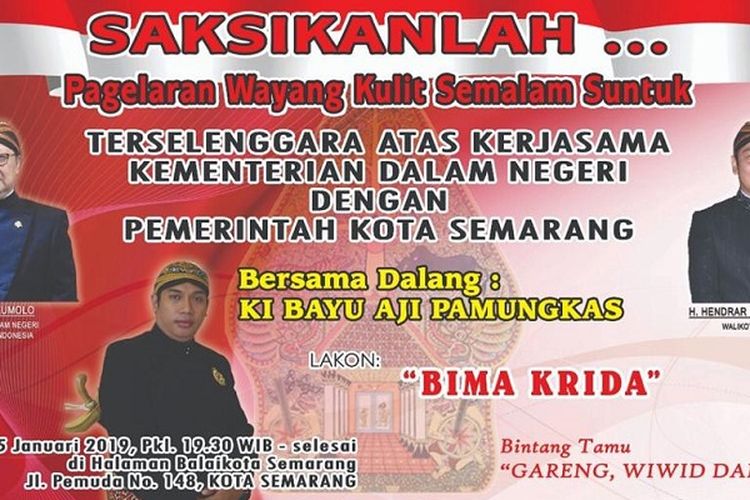 Pemkot Semarang dan Kemendagri mengadakan pagelaran wayang kulit gratis, Jumat (25/1/2019), di halaman Balai Kota Semarang. 