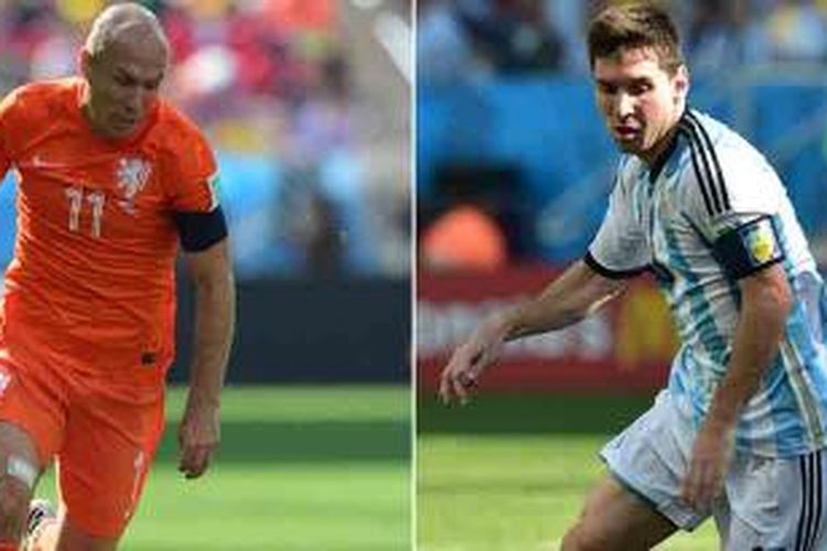 Kombinasi foto yang dibikin pada 7 Juli 2014 yang memperlihatkan aksi penyerang Belanda, Arjen Robben (kiri), di Corinthians Arena di Sao Paulo pada 23 Juni 2014 dan penyerang sekaligus kapten Argentina, Lionel Messi, di Corinthians Arena di Sao Paulo pada 1 Juli 2014. 