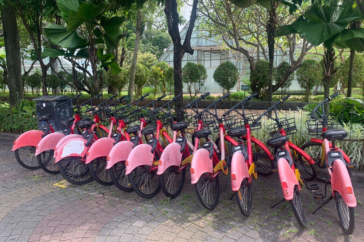 Layanan berbagi sepeda atau bike sharing yang dicanangkan Pemerintah Provinsi DKI Jakarta yang berada di kawasan Taman Menteng, Jakarta Pusat, saat ini kondisinya terbengkalai layaknya minum mendapatkan perawatan, Jumat (25/11/2022).
