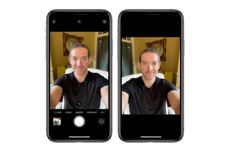 Tampilan selfie versi mirror (kiri) dan selfie tanpa efek mirror (kanan).