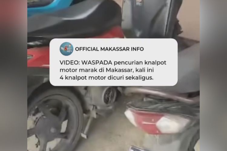 Potongan video yang memperlihatkan empat motor yang telah dicuri knalpotnya oleh orang tidak dikenal di salah satu indekos di Jalan Tanjung Bayang, Kecamatan Tamalate, Kota Makassar, Sulsel.