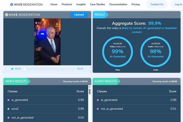 Tangkapan layar Hive Moderation menunjukkan, video Netanyahu ditangkap memiliki  probabilitas 99,9 persen dihasilkan oleh AI.