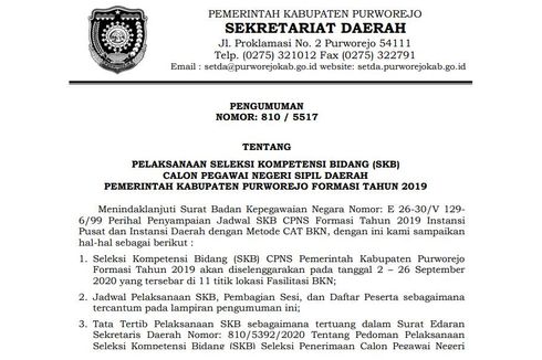 Jadwal, Lokasi dan Ketentuan SKB CPNS 2019 Pemkab Purworejo